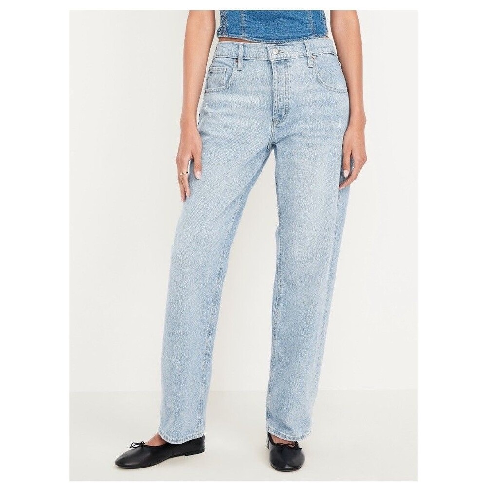 Women's Mid-Rise Waist With Hidden Button Fly Straight Slouchy Straight Jeans 6 - Picture 2 of 6